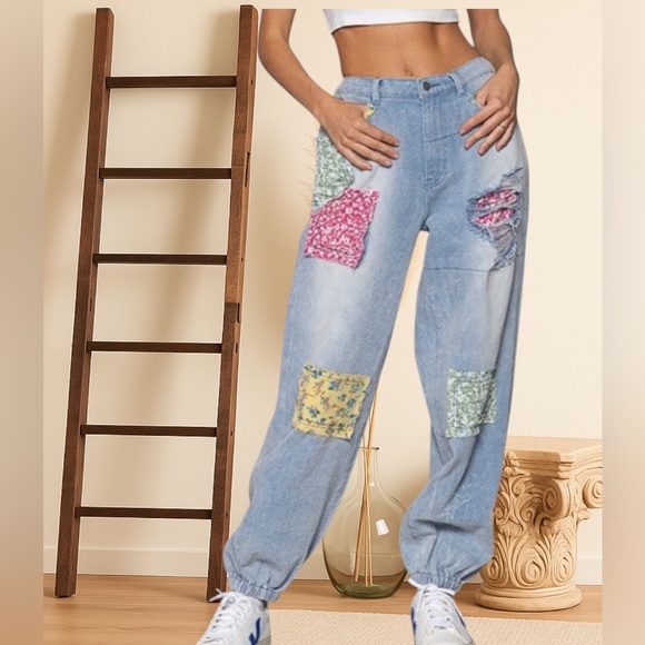 POL Denim - POL Floral Patchwork Jogger Jeans | Relaxed Fit Vintage Bohemian Denim